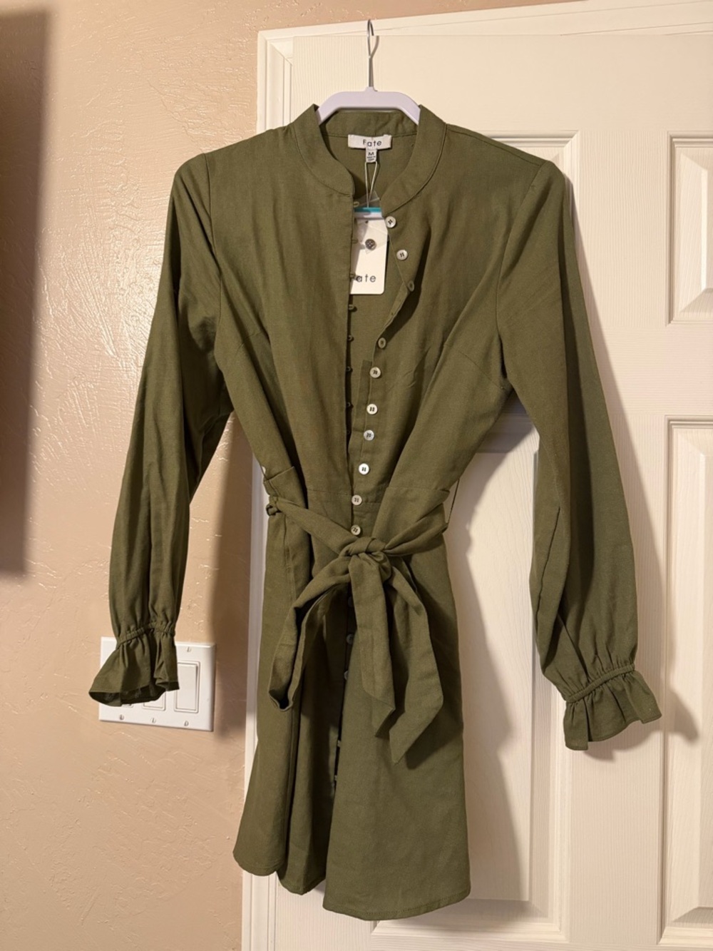 Fate Olive Green Mandarin-Collar Button Midi Dress